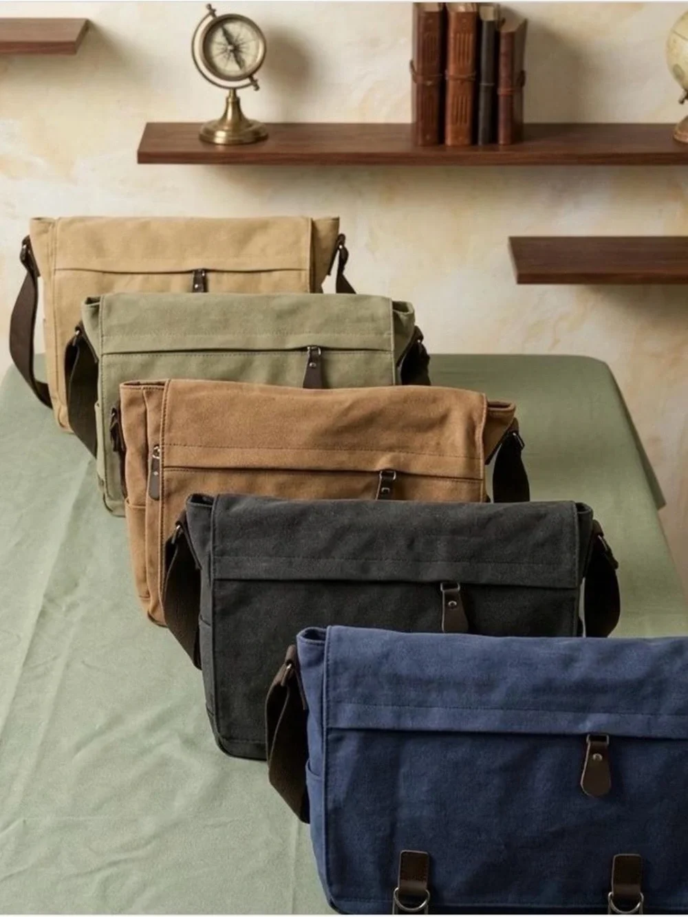Men's Canvas Messenger Bag in Tan with Leather Accents